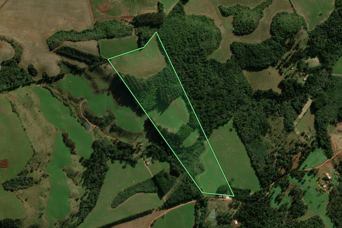 Imagem de satélite do imóvel rural em Pitanga (PR), com o contorno declarado no CAR desenhado por cima.