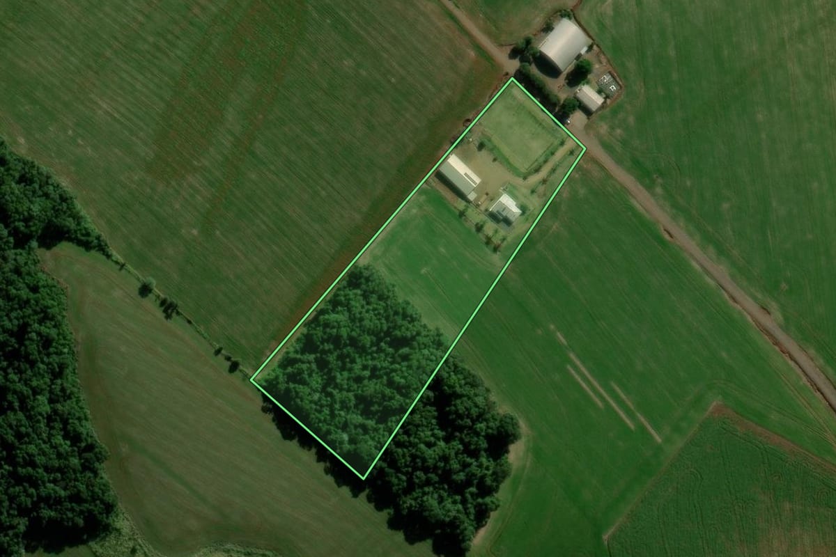 Imagem de satélite do imóvel rural em Pitanga (PR), com o contorno declarado no CAR desenhado por cima.
