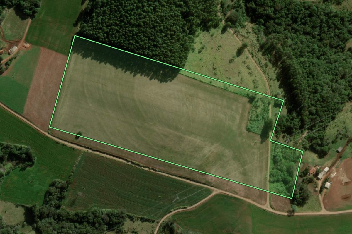 Imagem de satélite do imóvel rural em Pitanga (PR), com o contorno declarado no CAR desenhado por cima.