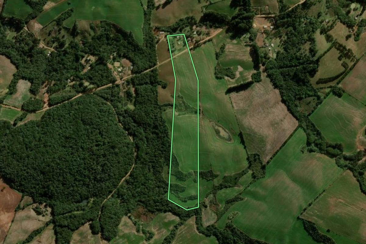 Imagem de satélite do imóvel rural em Pitanga (PR), com o contorno declarado no CAR desenhado por cima.