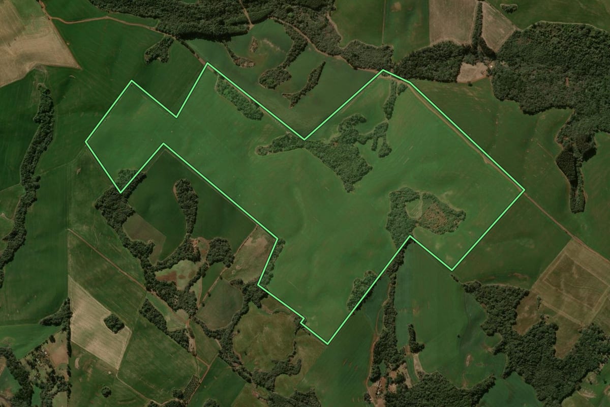 Imagem de satélite do imóvel rural em Pitanga (PR), com o contorno declarado no CAR desenhado por cima.