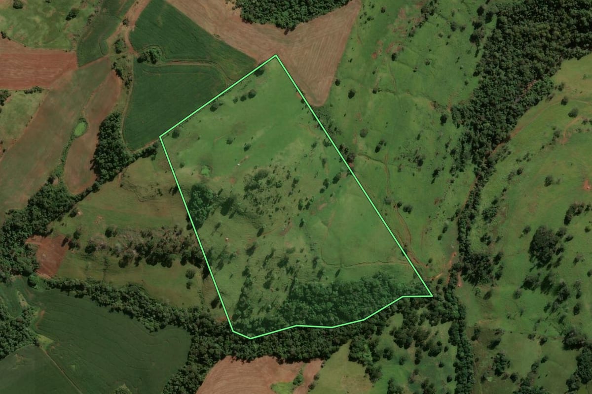 Imagem de satélite do imóvel rural em Pitanga (PR), com o contorno declarado no CAR desenhado por cima.