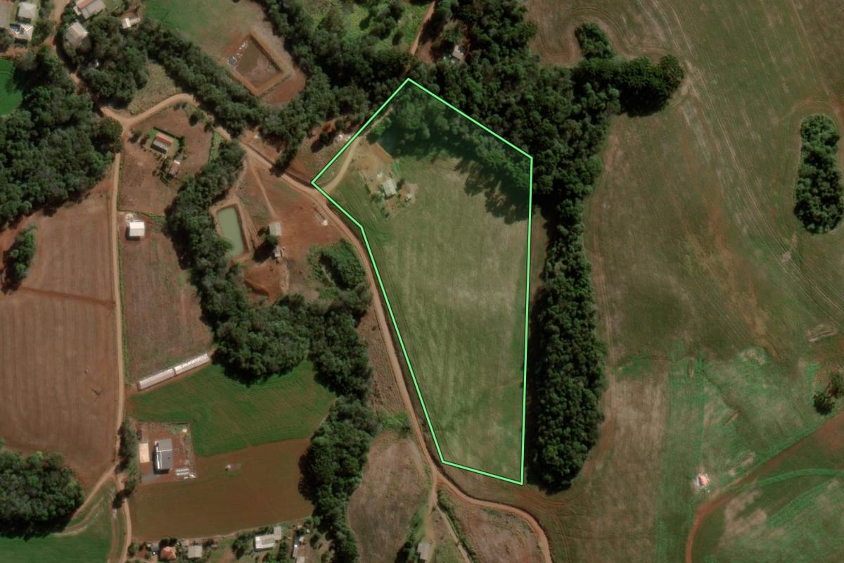 Imagem de satélite do imóvel rural em Pitanga (PR), com o contorno declarado no CAR desenhado por cima.