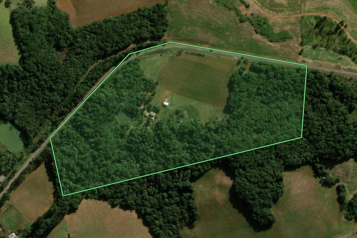 Imagem de satélite do imóvel rural em Pitanga (PR), com o contorno declarado no CAR desenhado por cima.