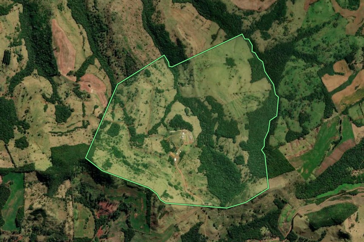 Imagem de satélite do imóvel rural em Pitanga (PR), com o contorno declarado no CAR desenhado por cima.