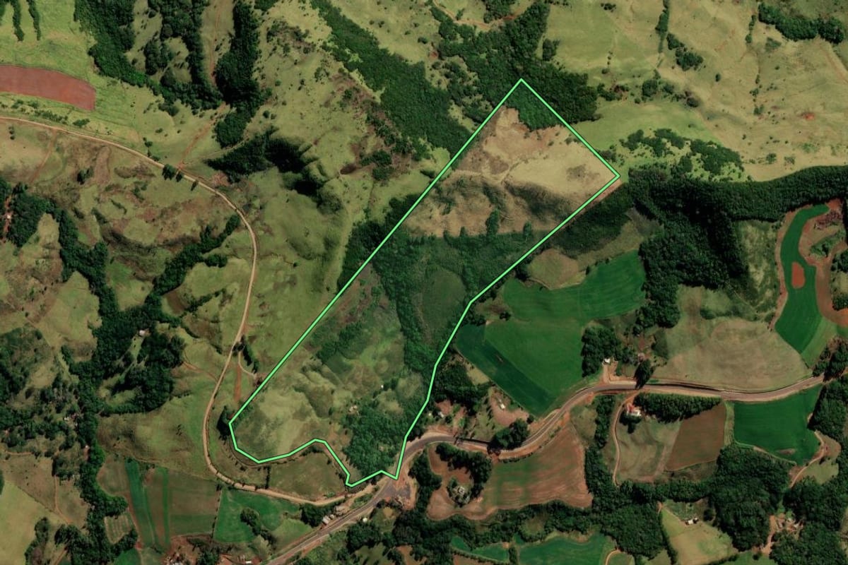 Imagem de satélite do imóvel rural em Pitanga (PR), com o contorno declarado no CAR desenhado por cima.