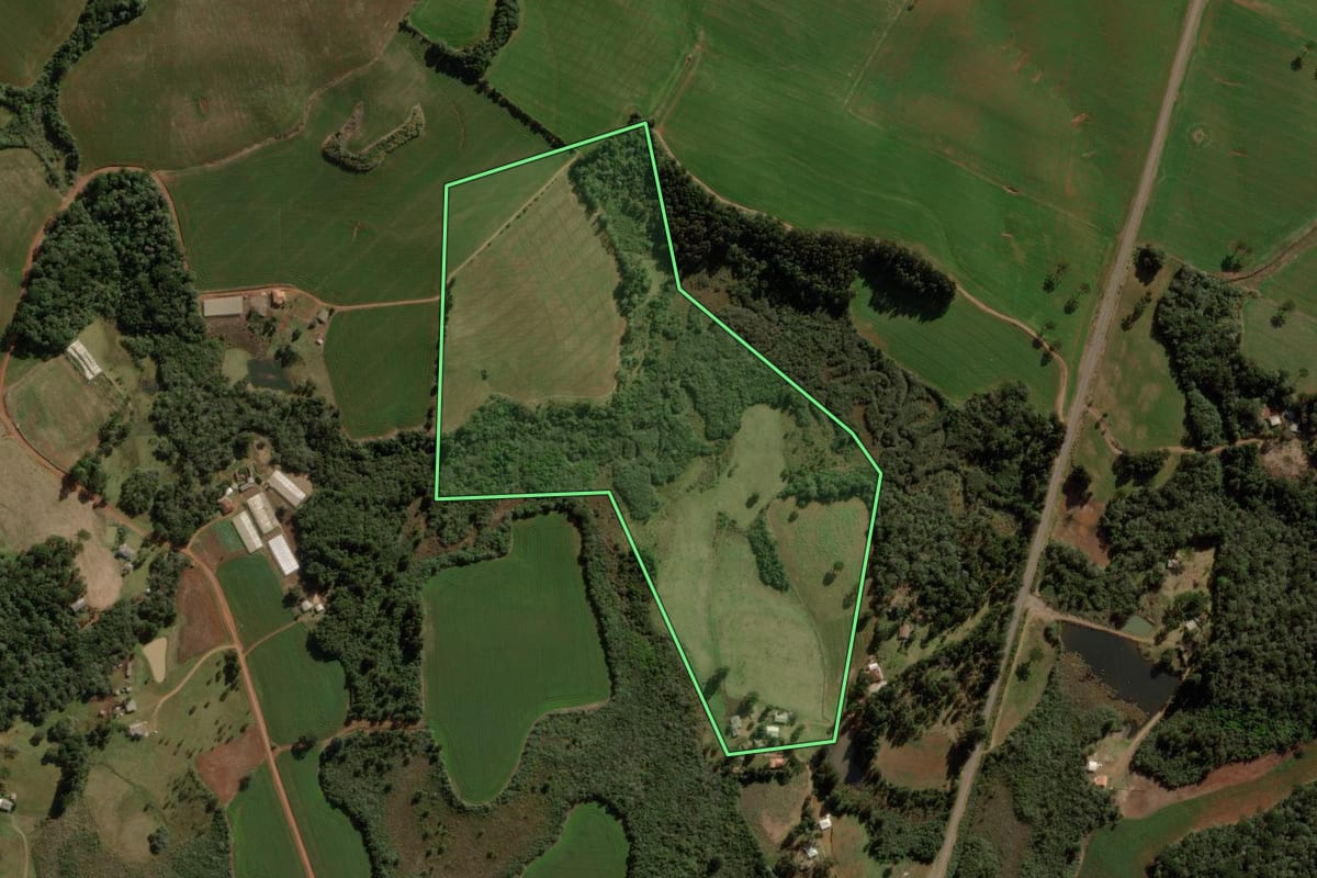 Imagem de satélite do imóvel rural em Pitanga (PR), com o contorno declarado no CAR desenhado por cima.