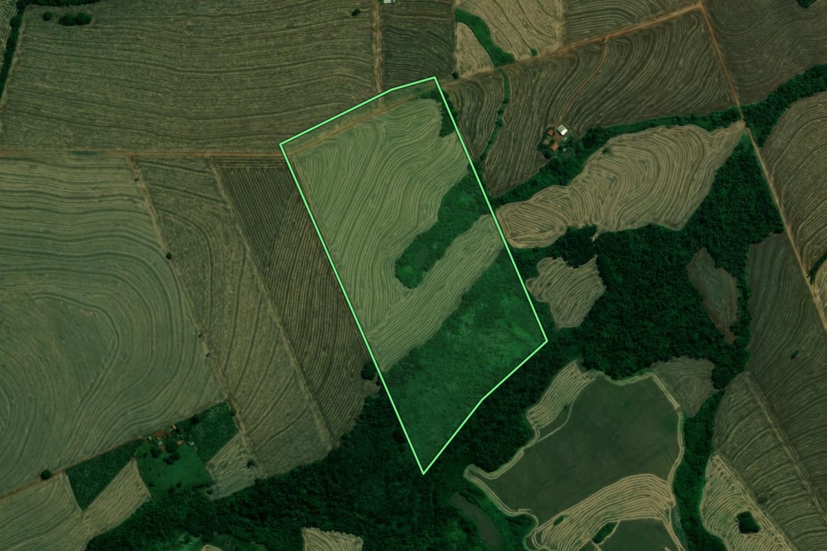 Imagem de satélite do imóvel rural em Pitangueiras (PR), com o contorno declarado no CAR desenhado por cima.