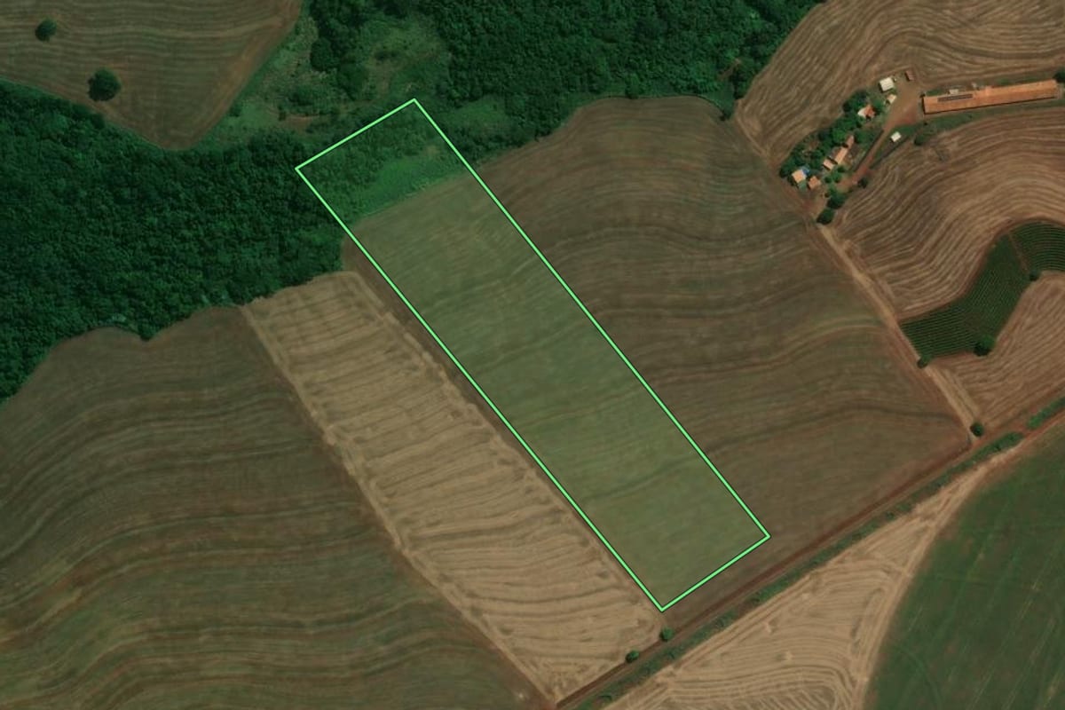 Imagem de satélite do imóvel rural em Pitangueiras (PR), com o contorno declarado no CAR desenhado por cima.