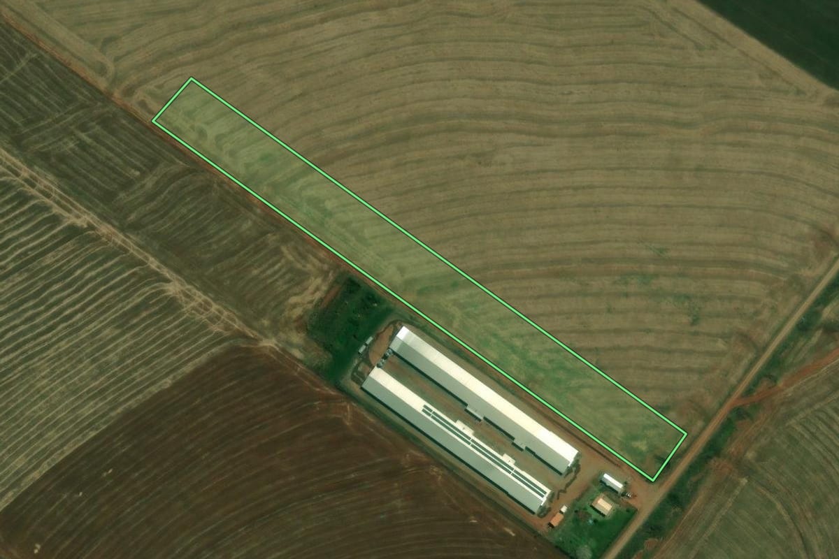 Imagem de satélite do imóvel rural em Pitangueiras (PR), com o contorno declarado no CAR desenhado por cima.