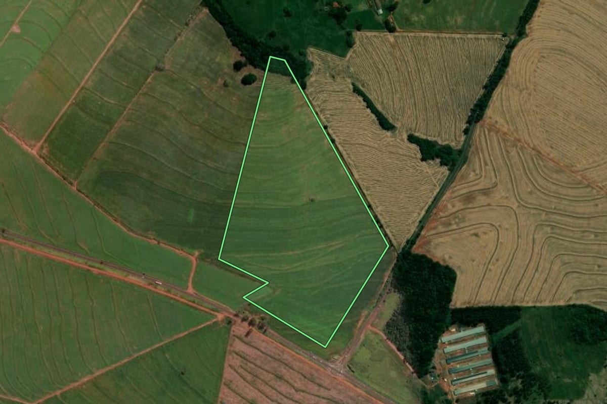 Imagem de satélite do imóvel rural em Pitangueiras (PR), com o contorno declarado no CAR desenhado por cima.