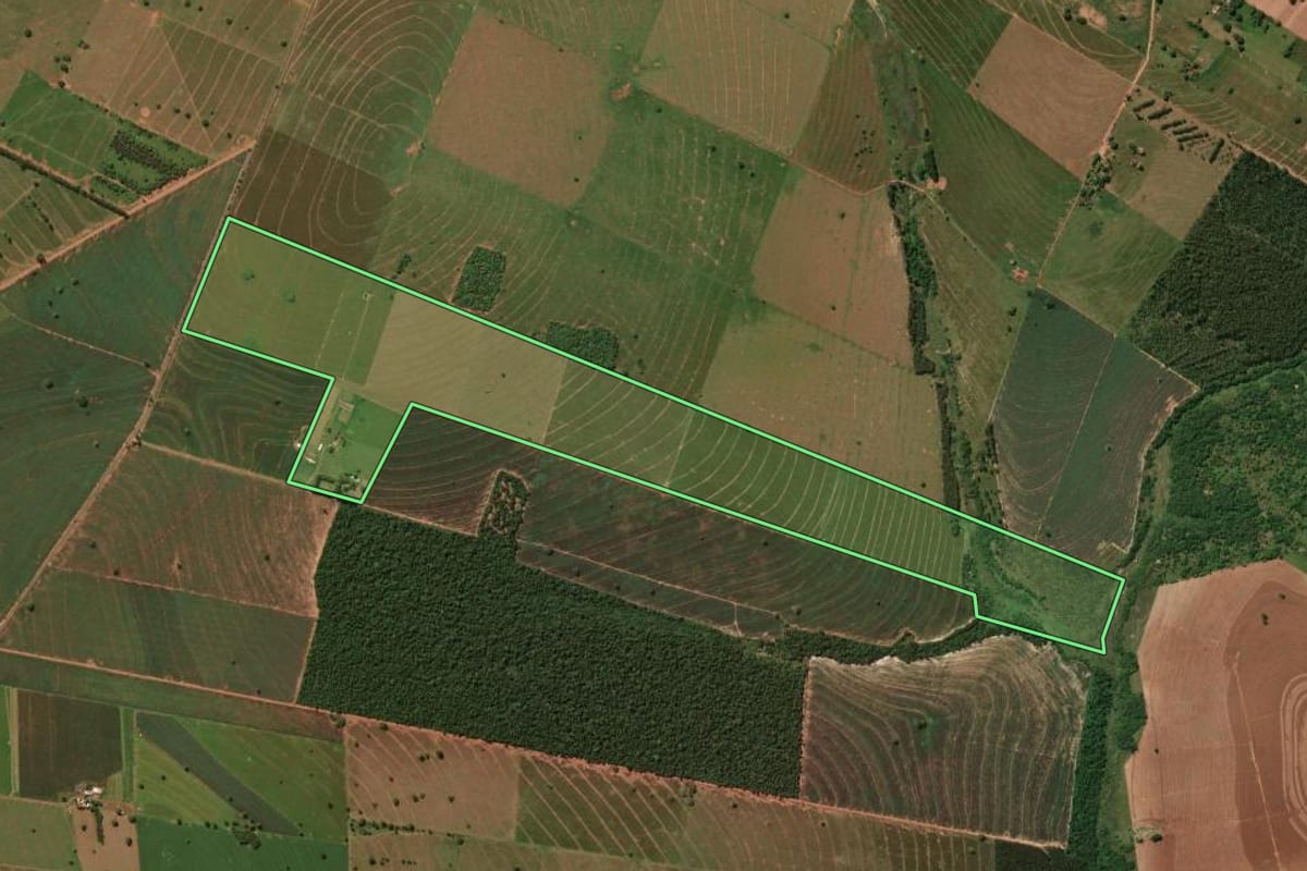 Imagem de satélite do imóvel rural em Planaltina do Paraná (PR), com o contorno declarado no CAR desenhado por cima.