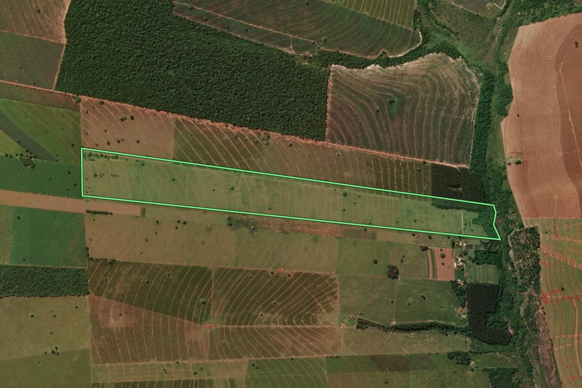 Imagem de satélite do imóvel rural em Planaltina do Paraná (PR), com o contorno declarado no CAR desenhado por cima.