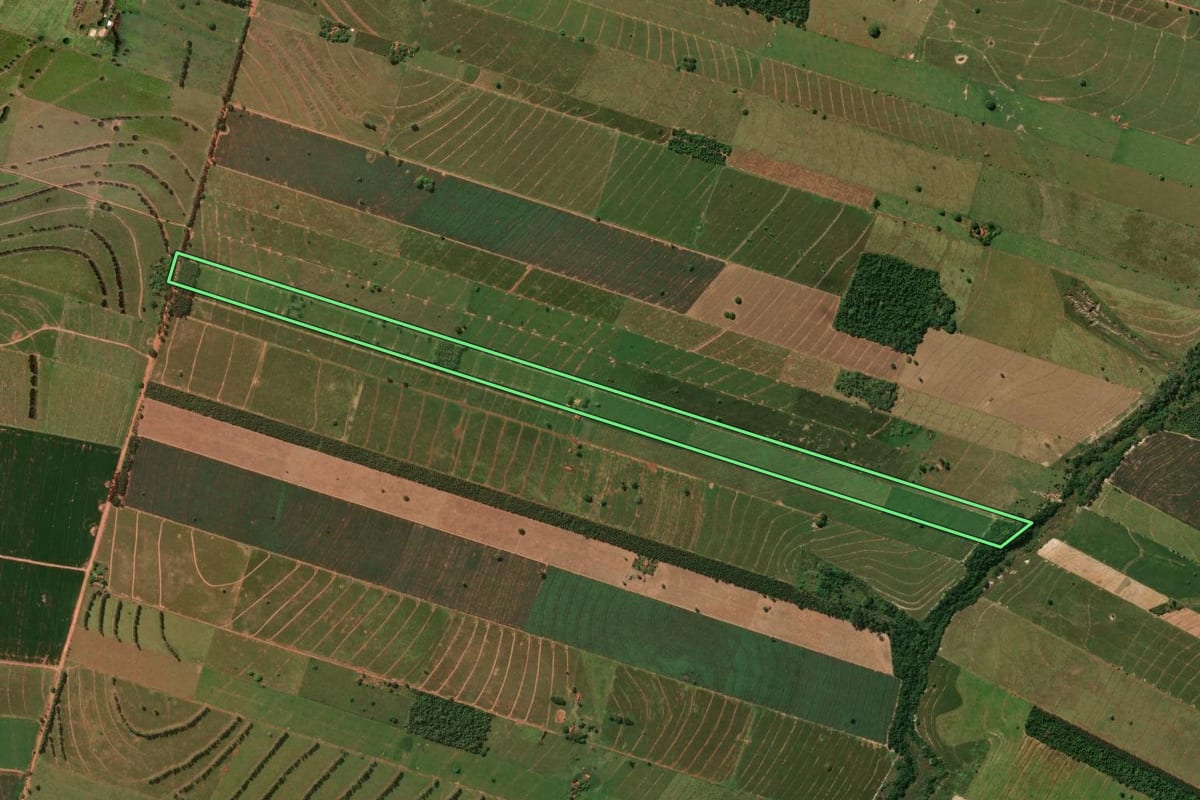 Imagem de satélite do imóvel rural em Planaltina do Paraná (PR), com o contorno declarado no CAR desenhado por cima.