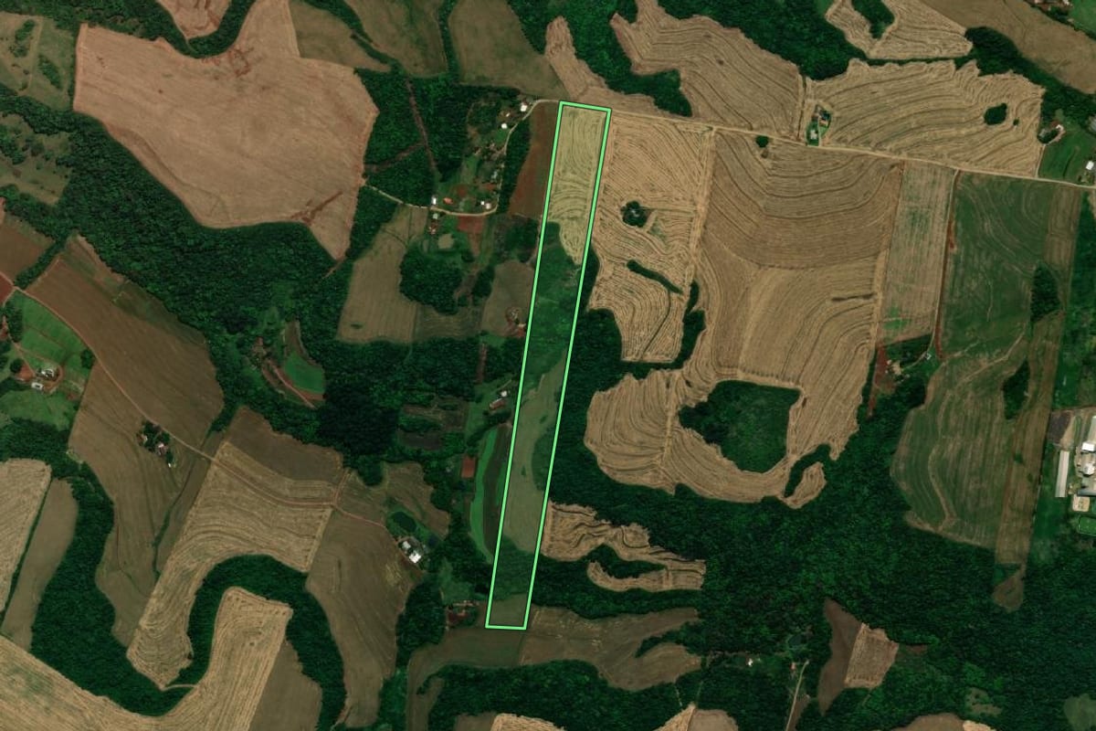 Imagem de satélite do imóvel rural em Planalto (PR), com o contorno declarado no CAR desenhado por cima.