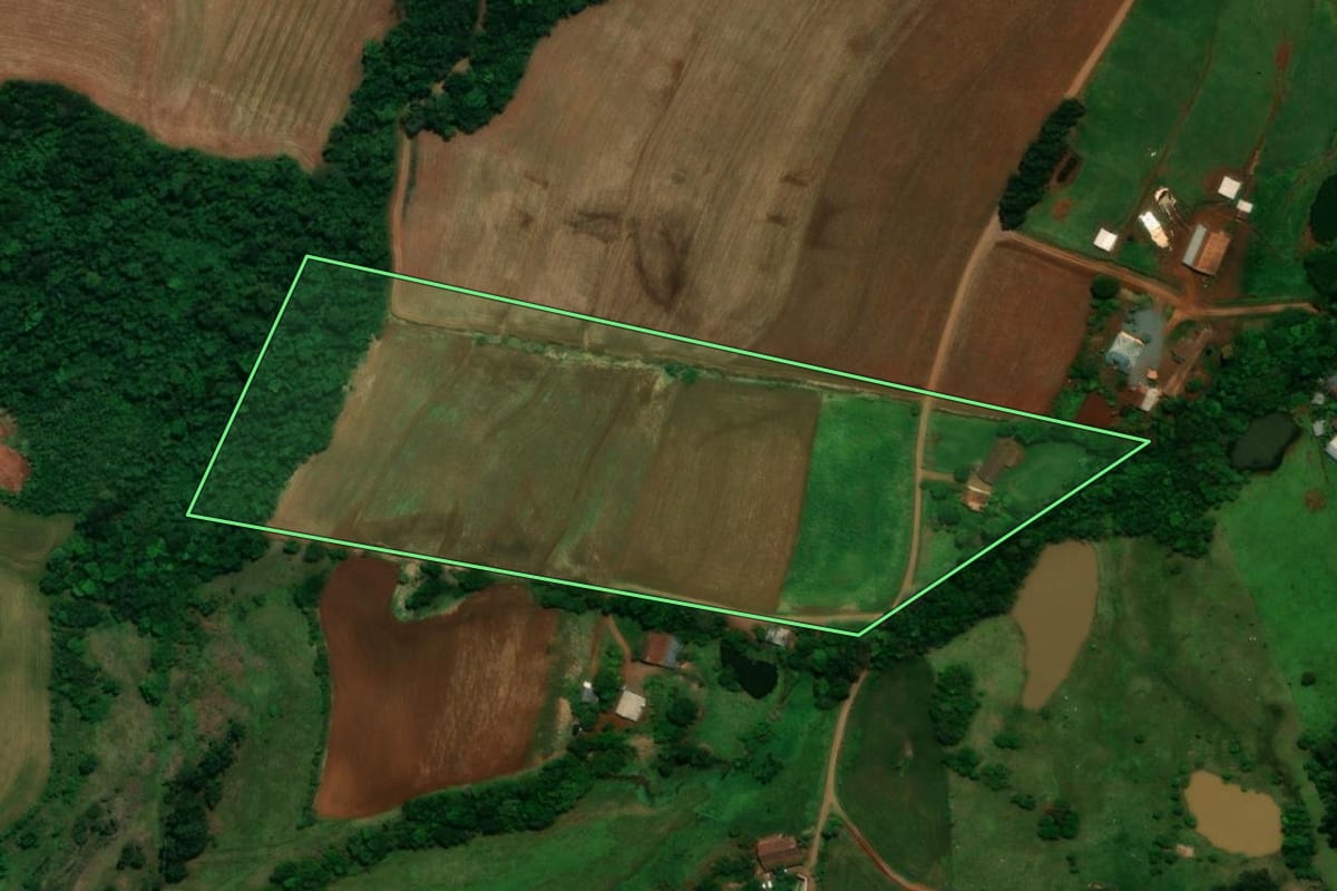 Imagem de satélite do imóvel rural em Planalto (PR), com o contorno declarado no CAR desenhado por cima.