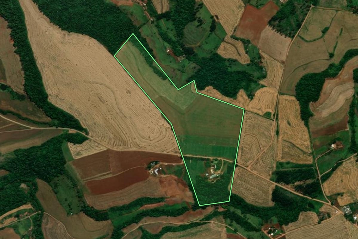 Imagem de satélite do imóvel rural em Planalto (PR), com o contorno declarado no CAR desenhado por cima.