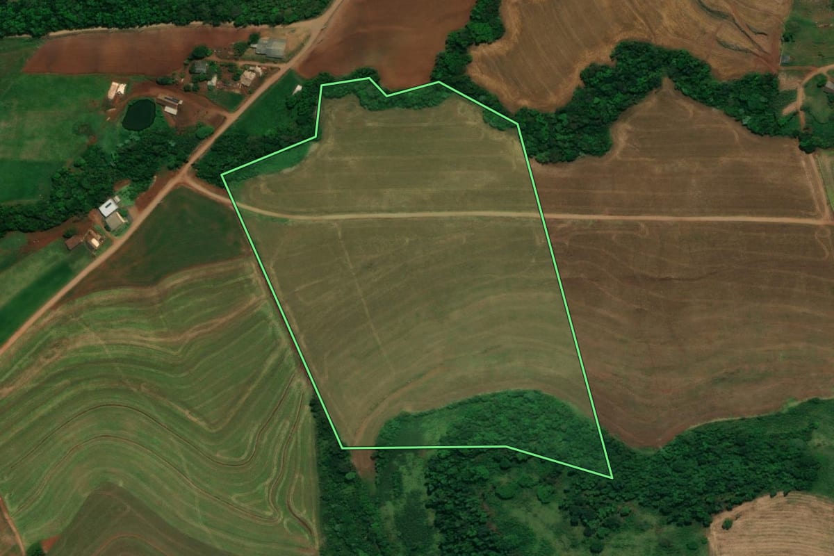 Imagem de satélite do imóvel rural em Planalto (PR), com o contorno declarado no CAR desenhado por cima.