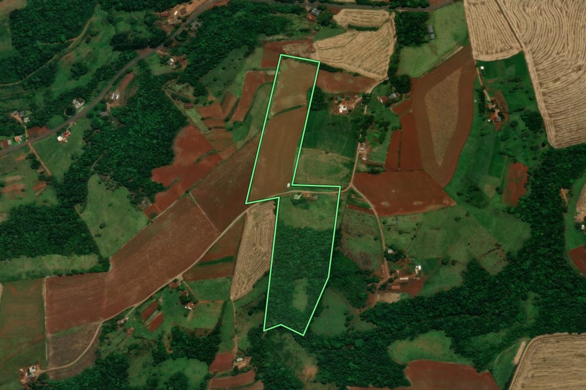 Imagem de satélite do imóvel rural em Planalto (PR), com o contorno declarado no CAR desenhado por cima.