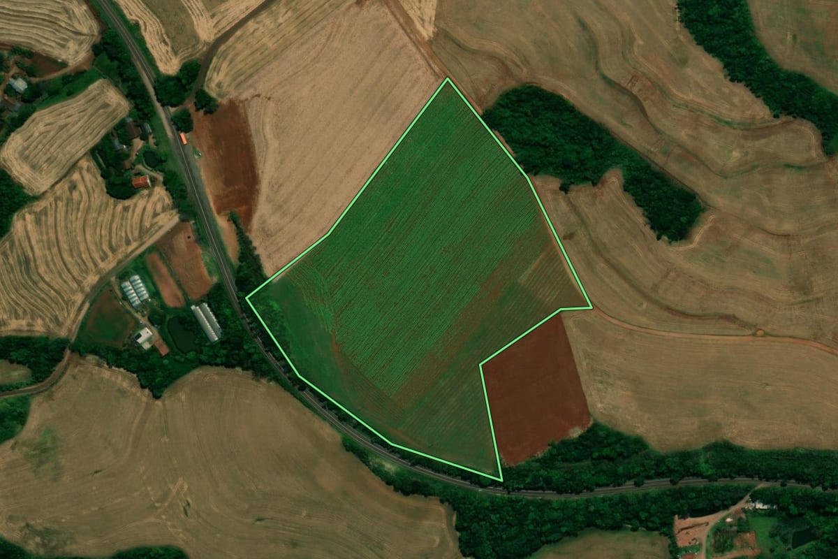 Imagem de satélite do imóvel rural em Planalto (PR), com o contorno declarado no CAR desenhado por cima.