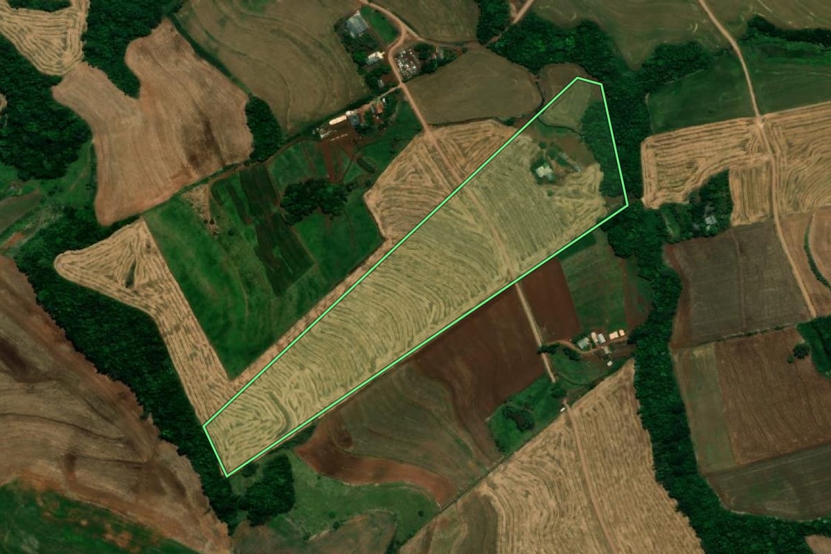 Imagem de satélite do imóvel rural em Planalto (PR), com o contorno declarado no CAR desenhado por cima.