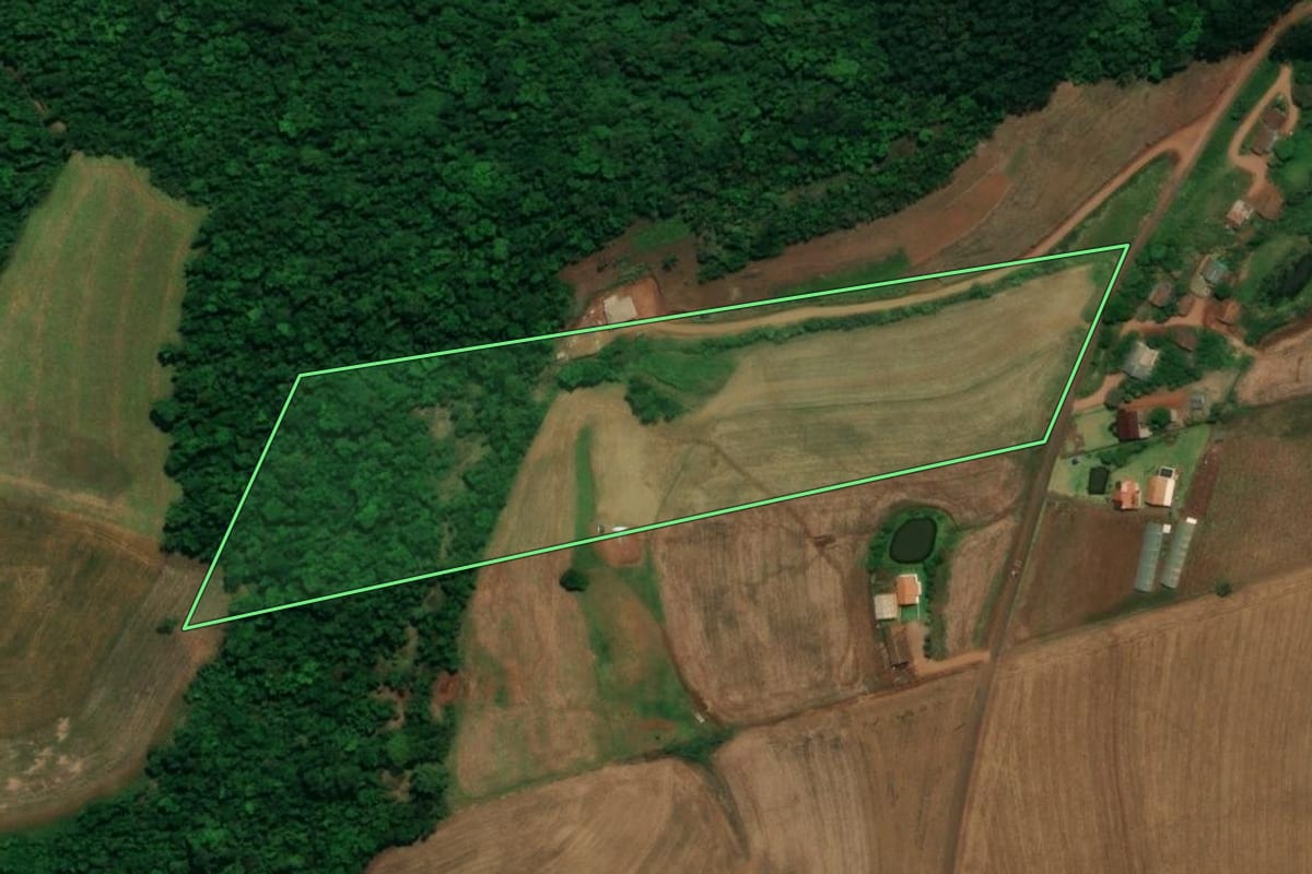 Imagem de satélite do imóvel rural em Planalto (PR), com o contorno declarado no CAR desenhado por cima.