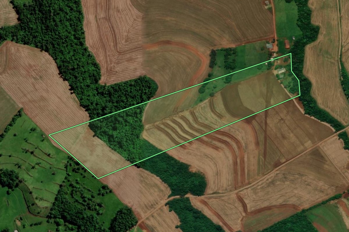 Imagem de satélite do imóvel rural em Planalto (PR), com o contorno declarado no CAR desenhado por cima.