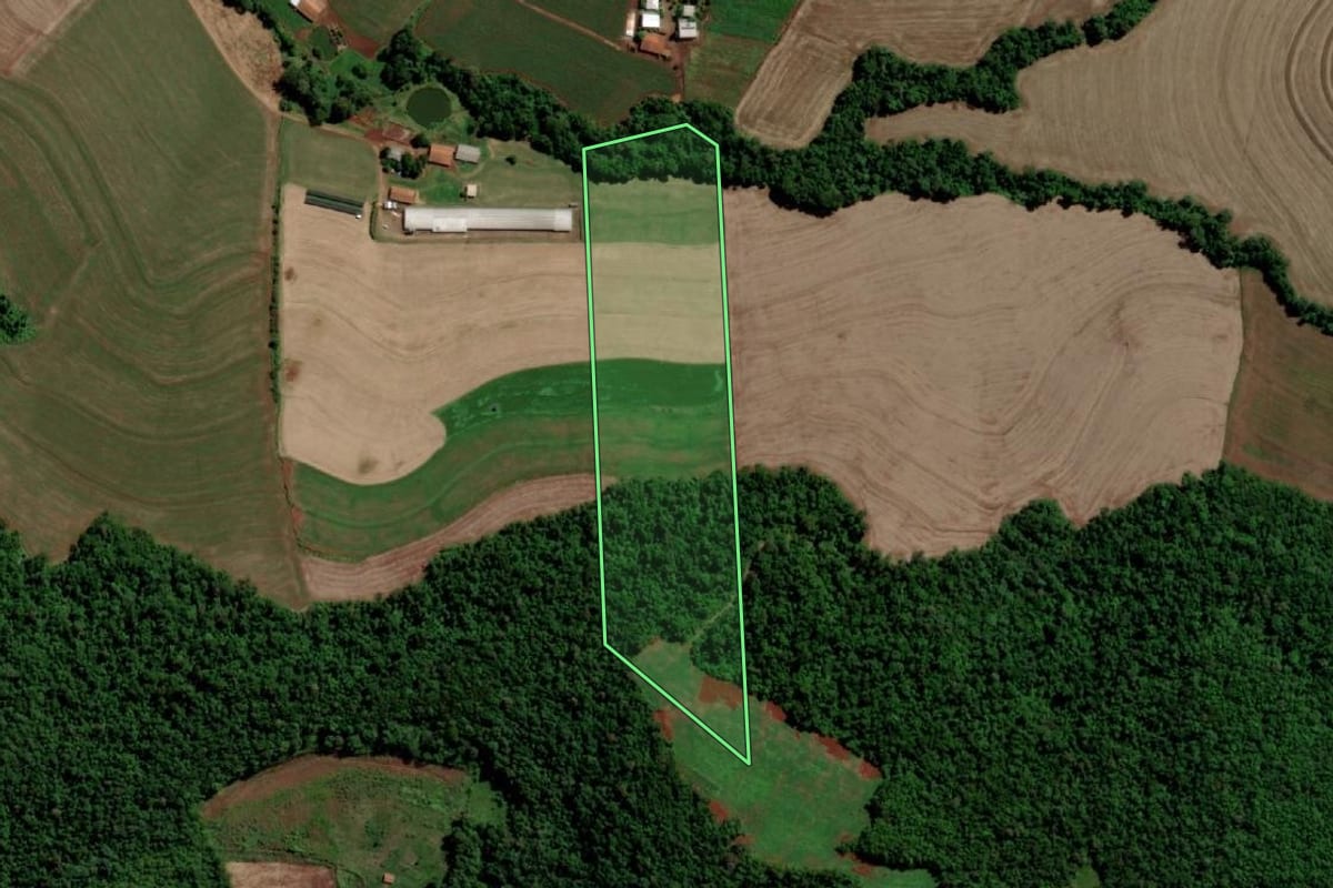 Imagem de satélite do imóvel rural em Planalto (PR), com o contorno declarado no CAR desenhado por cima.