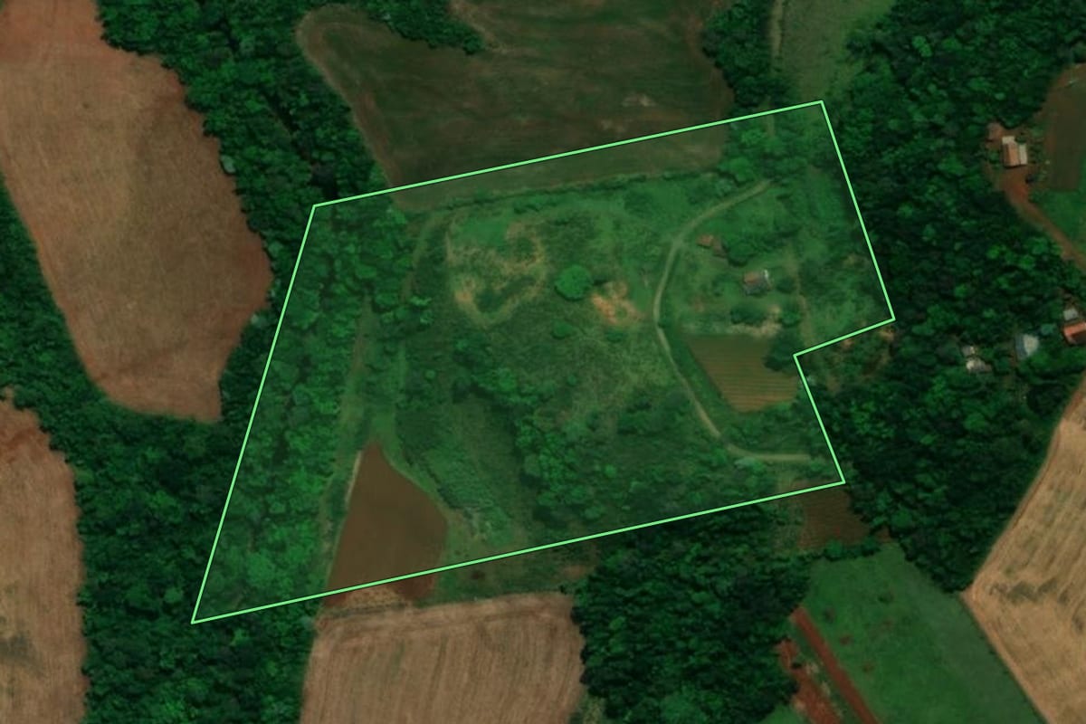 Imagem de satélite do imóvel rural em Planalto (PR), com o contorno declarado no CAR desenhado por cima.