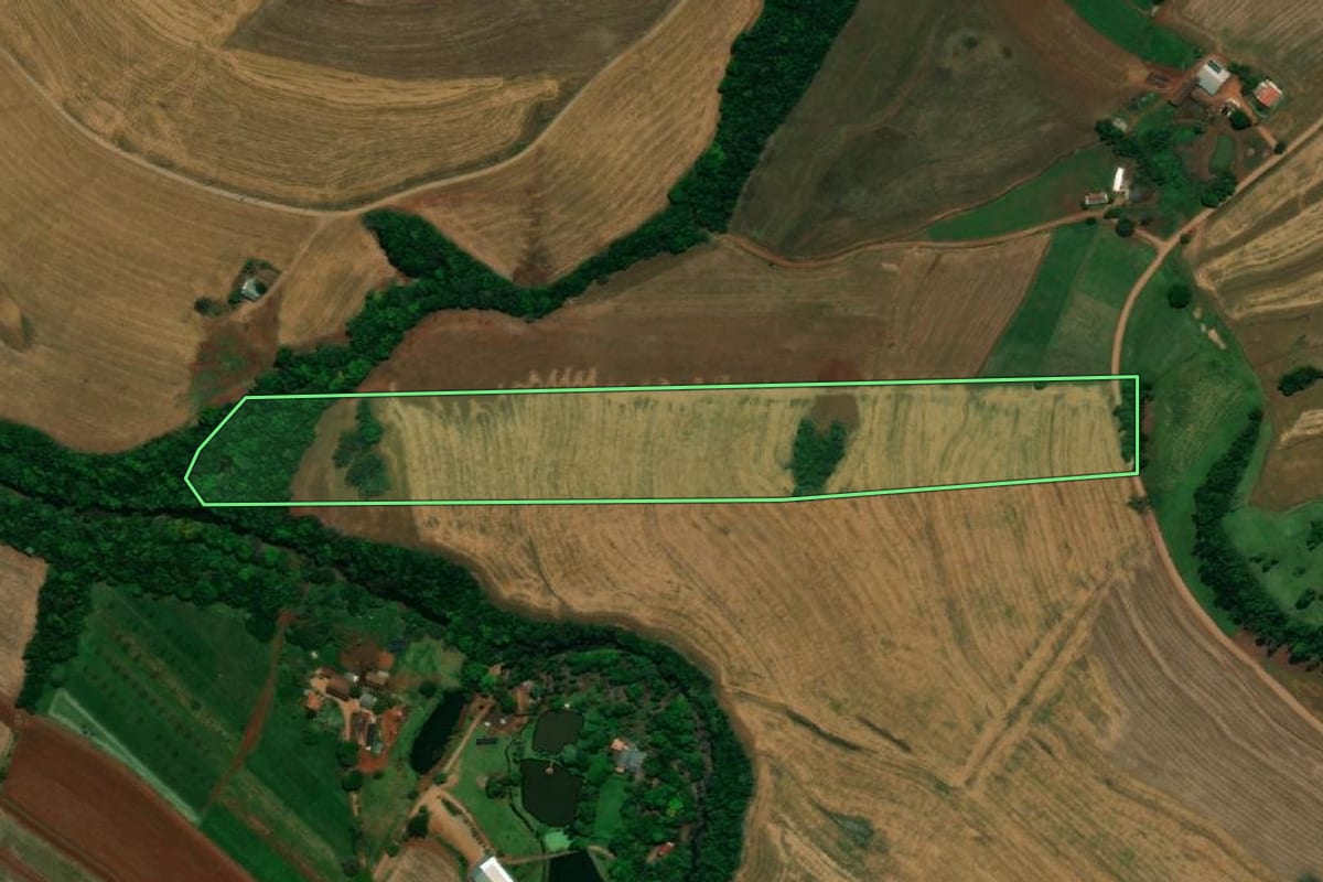 Imagem de satélite do imóvel rural em Planalto (PR), com o contorno declarado no CAR desenhado por cima.