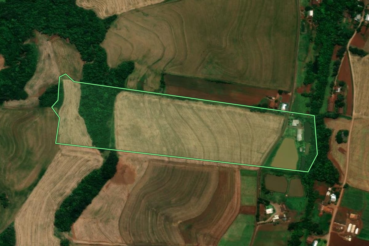 Imagem de satélite do imóvel rural em Planalto (PR), com o contorno declarado no CAR desenhado por cima.