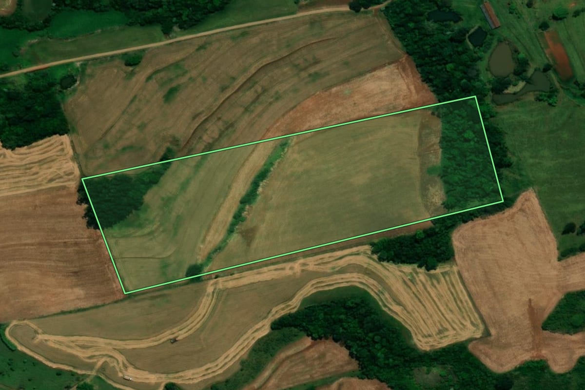 Imagem de satélite do imóvel rural em Planalto (PR), com o contorno declarado no CAR desenhado por cima.