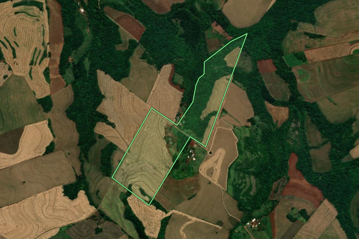Imagem de satélite do imóvel rural em Planalto (PR), com o contorno declarado no CAR desenhado por cima.