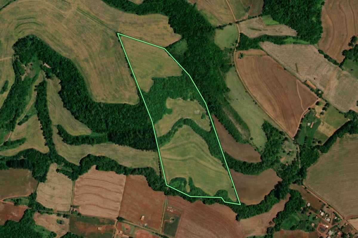 Imagem de satélite do imóvel rural em Planalto (PR), com o contorno declarado no CAR desenhado por cima.