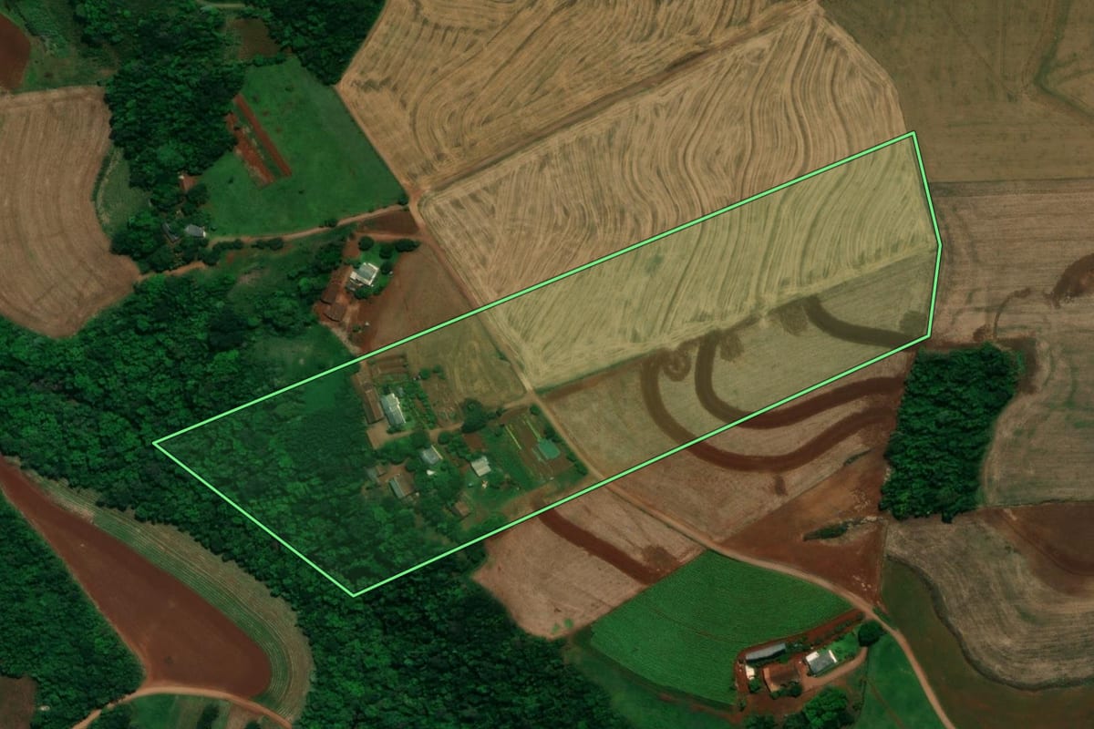 Imagem de satélite do imóvel rural em Planalto (PR), com o contorno declarado no CAR desenhado por cima.