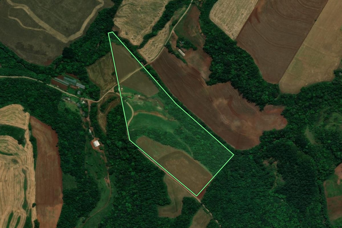 Imagem de satélite do imóvel rural em Planalto (PR), com o contorno declarado no CAR desenhado por cima.