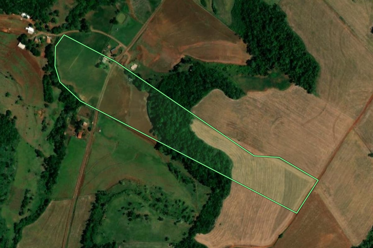 Imagem de satélite do imóvel rural em Planalto (PR), com o contorno declarado no CAR desenhado por cima.