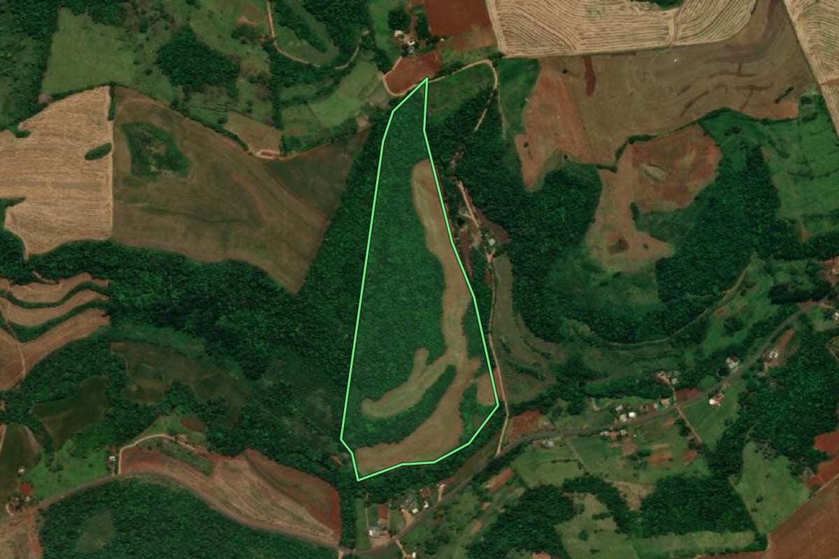 Imagem de satélite do imóvel rural em Planalto (PR), com o contorno declarado no CAR desenhado por cima.