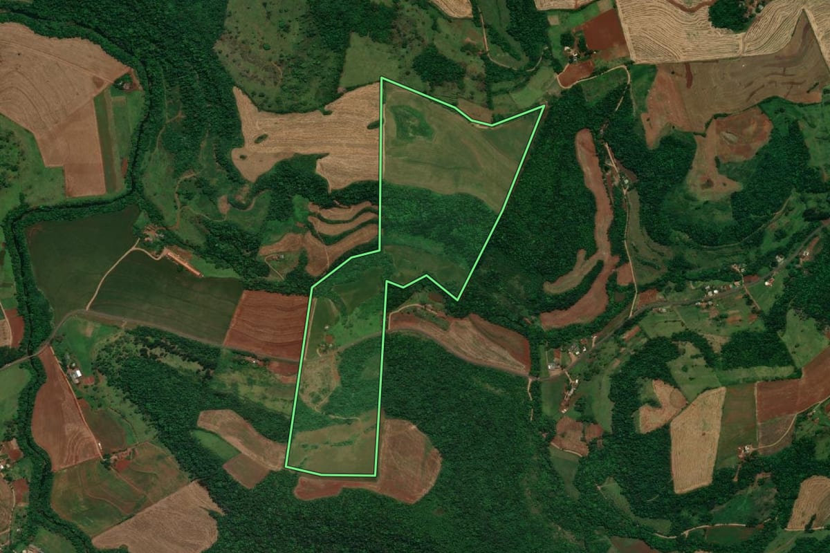 Imagem de satélite do imóvel rural em Planalto (PR), com o contorno declarado no CAR desenhado por cima.