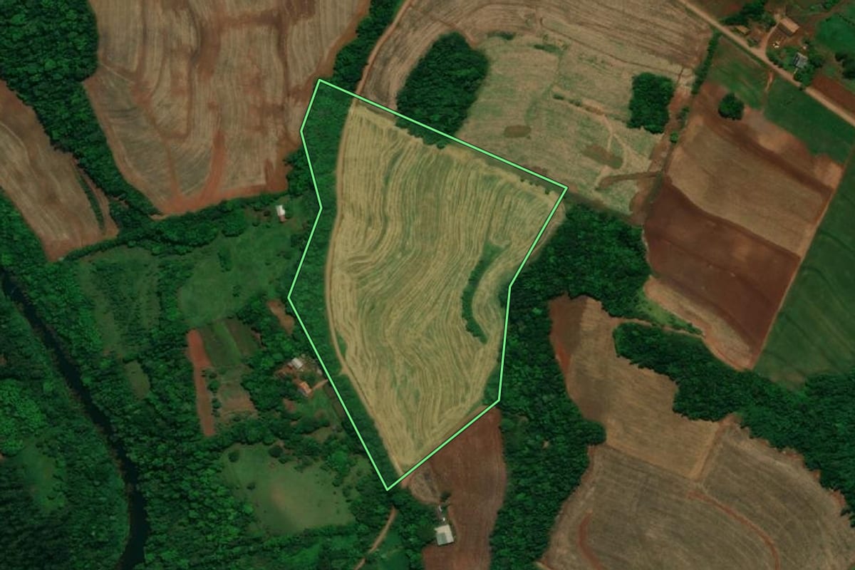 Imagem de satélite do imóvel rural em Planalto (PR), com o contorno declarado no CAR desenhado por cima.