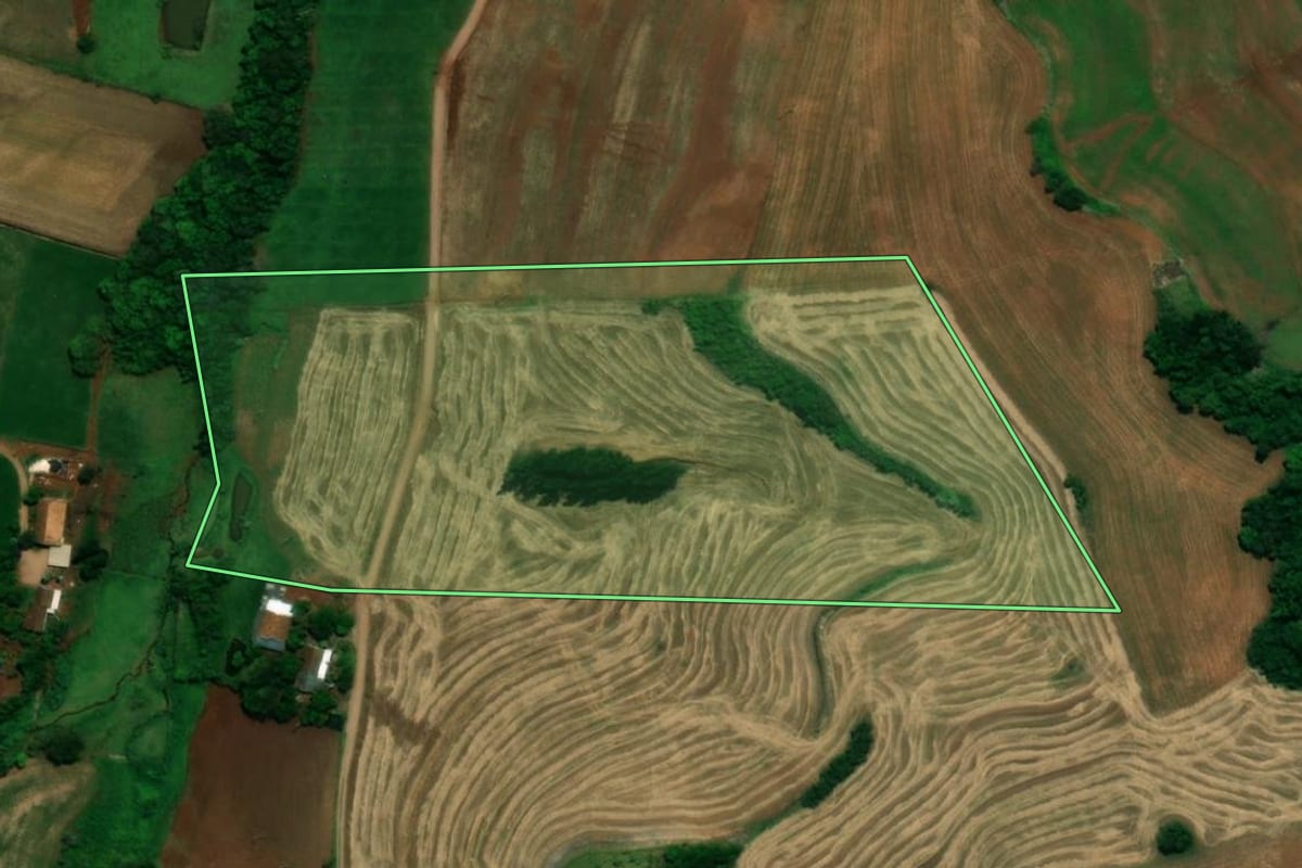 Imagem de satélite do imóvel rural em Planalto (PR), com o contorno declarado no CAR desenhado por cima.
