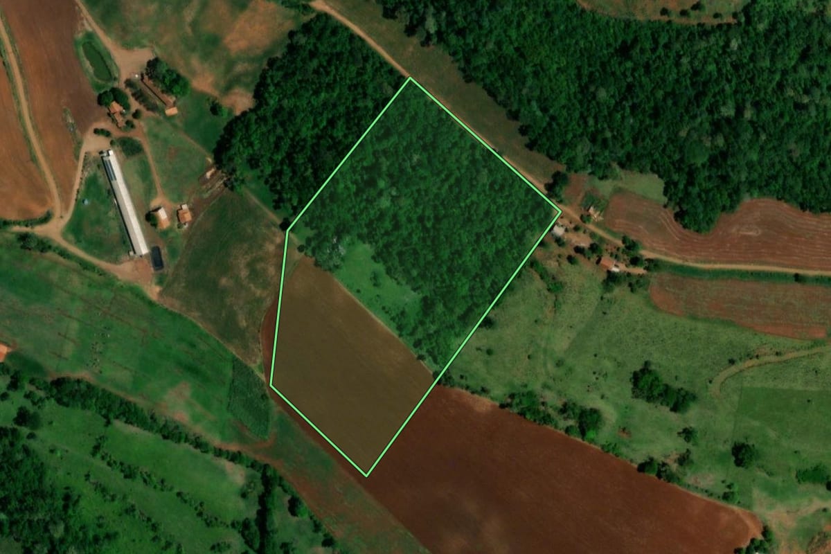 Imagem de satélite do imóvel rural em Planalto (PR), com o contorno declarado no CAR desenhado por cima.