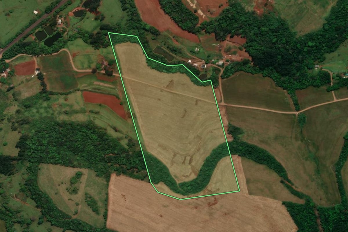 Imagem de satélite do imóvel rural em Planalto (PR), com o contorno declarado no CAR desenhado por cima.
