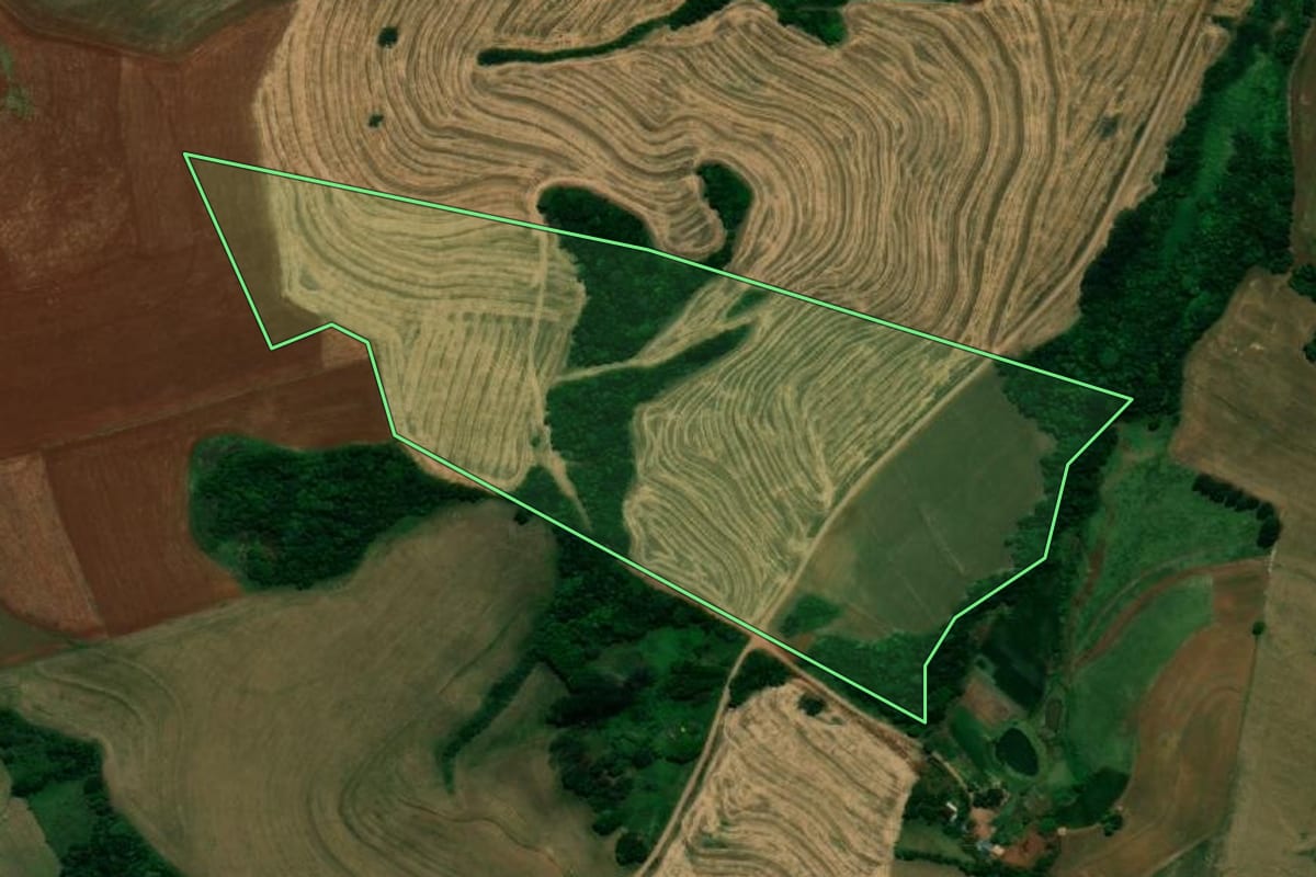 Imagem de satélite do imóvel rural em Planalto (PR), com o contorno declarado no CAR desenhado por cima.