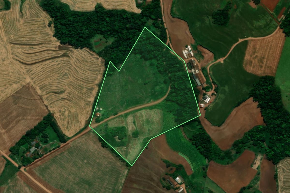 Imagem de satélite do imóvel rural em Planalto (PR), com o contorno declarado no CAR desenhado por cima.