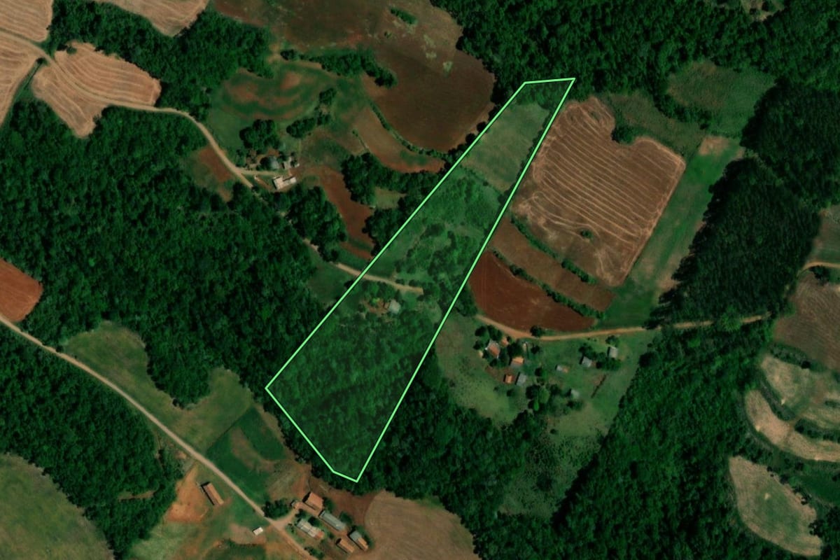 Imagem de satélite do imóvel rural em Planalto (PR), com o contorno declarado no CAR desenhado por cima.
