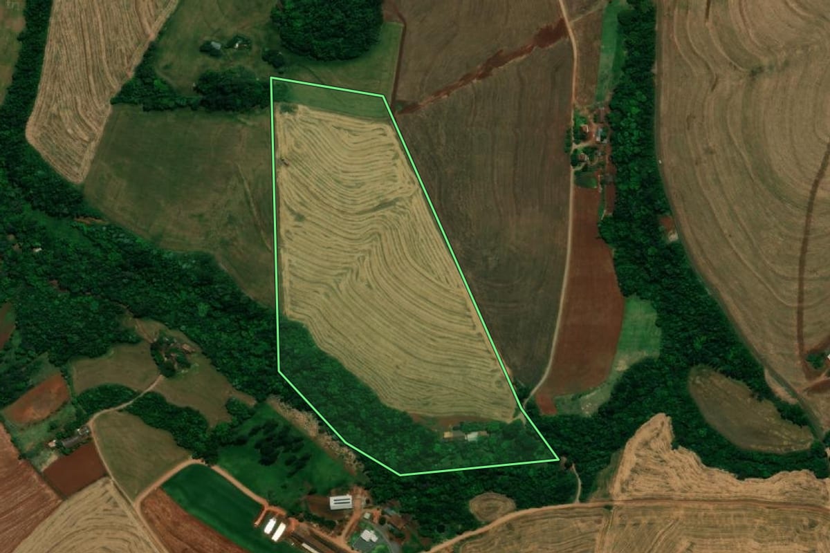 Imagem de satélite do imóvel rural em Planalto (PR), com o contorno declarado no CAR desenhado por cima.
