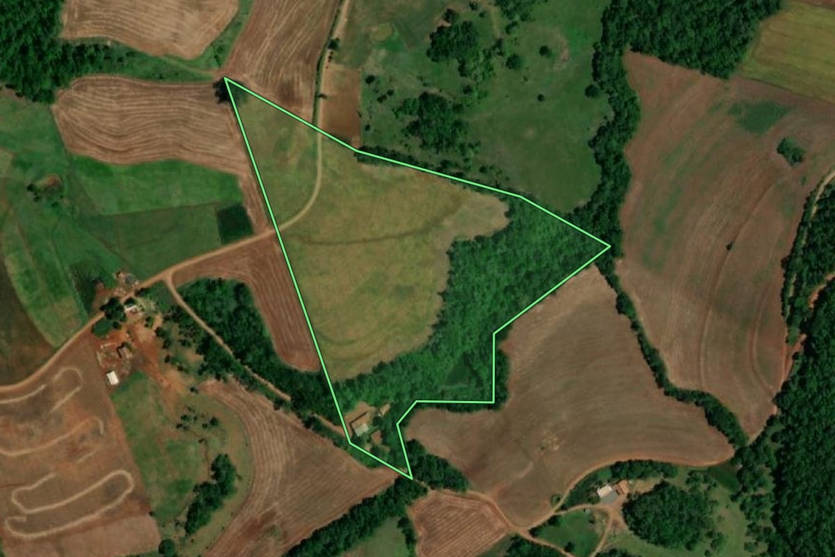 Imagem de satélite do imóvel rural em Planalto (PR), com o contorno declarado no CAR desenhado por cima.