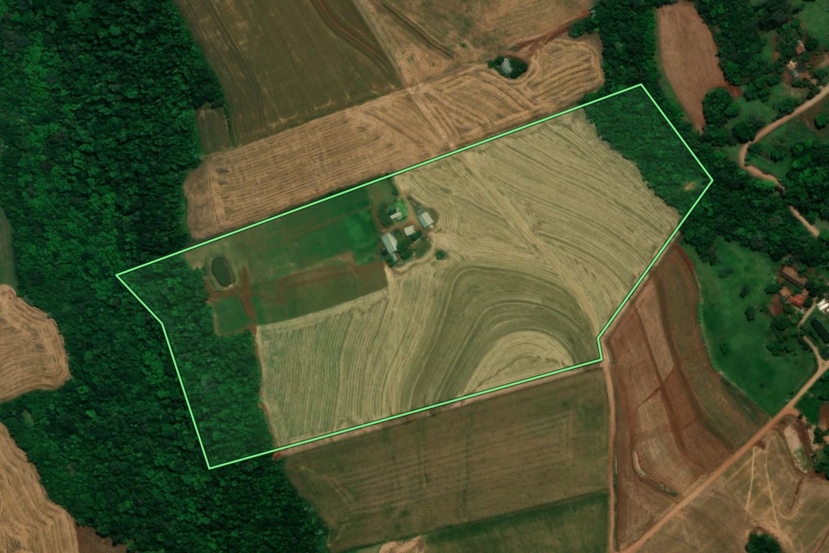 Imagem de satélite do imóvel rural em Planalto (PR), com o contorno declarado no CAR desenhado por cima.