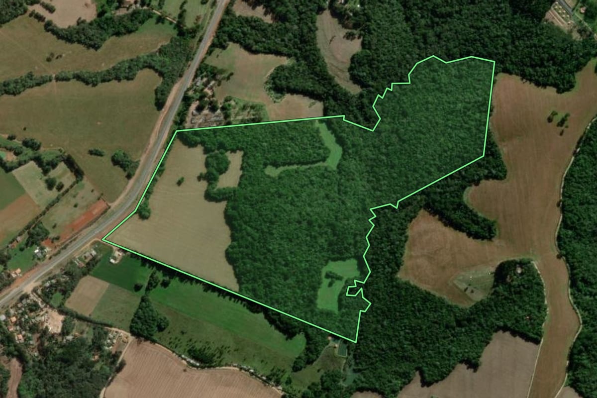 Imagem de satélite do imóvel rural em Ponta Grossa (PR), com o contorno declarado no CAR desenhado por cima.